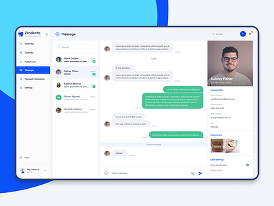 Zendenta Messages page appointment calendar chatting crm dashboard dentist doctor erp health hospital management message schedule schedule app system treatment ui ux webdesign