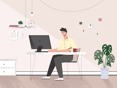 At work adobe ilustrator character flat illustration man plants