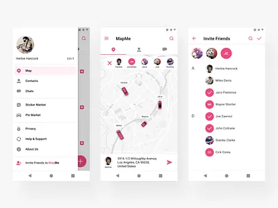 MapMe App for Android 2 account android app application chat contacts design filter group interface ios iphone map menu pink simple social ui uiux ux