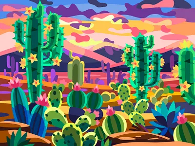 Sunset cactus valley art design digital drawing graphic illustration landscape vector