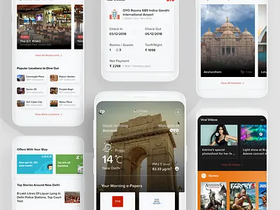 Times and OYO Resident experience app branding cards clean minimal mobile ui ux