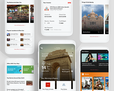 Times and OYO Resident experience app branding cards clean minimal mobile ui ux