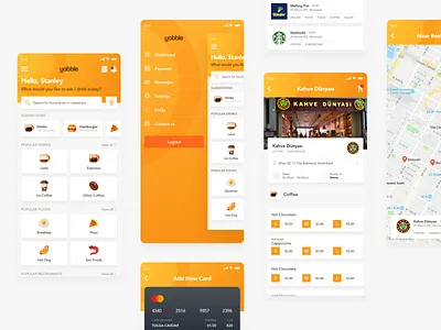 Food Delivery and Tracker coffee coffee shop creditcard drink app food food app hamburger mobile mobile app mockup shop tracker tracking ui yellow