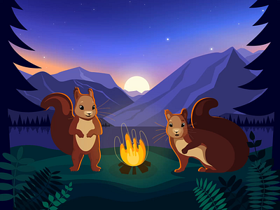 Animated night squirrels ae after effects animation characters fire fish forest grass illustration jump moon moonlight motion motion design motion design school mountains night pinetree squirrel stars