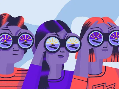 Roadmap ahead binoculars character illustration looking people procreate road sunrise