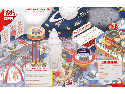 Red Robin "Space" Kids Menu - Q1 2020 3d architecture c4d cinema 4d city collaboration illustration isometric kids menu landscape launch model orbit red robin render rocket space space station stars