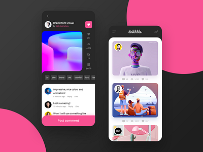 Dribbble App app clean comments dark date dribbble dribbble best shot flat illustration like likes list post shot ui