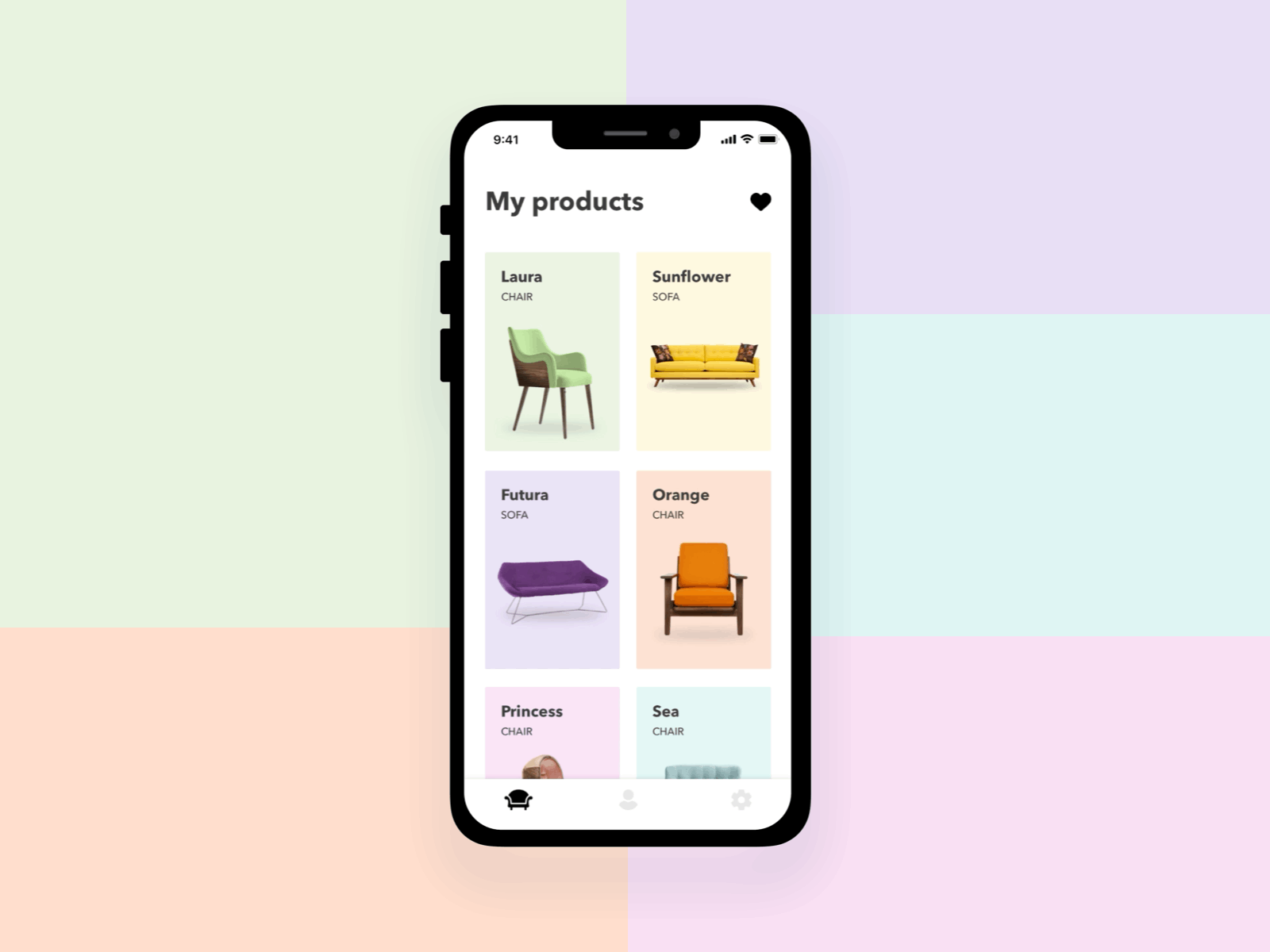 App for design furniture animate animation app catalog chair design fashion furniture home house interior ios minimalism mobile shop sofa ui ux