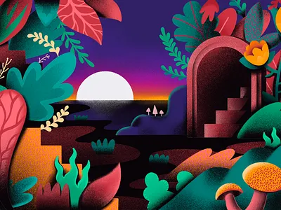 Expanding our imaginations design flowers illustration landscape leaves magic magical nature procreate procreate app screen stairs sunset texture vector