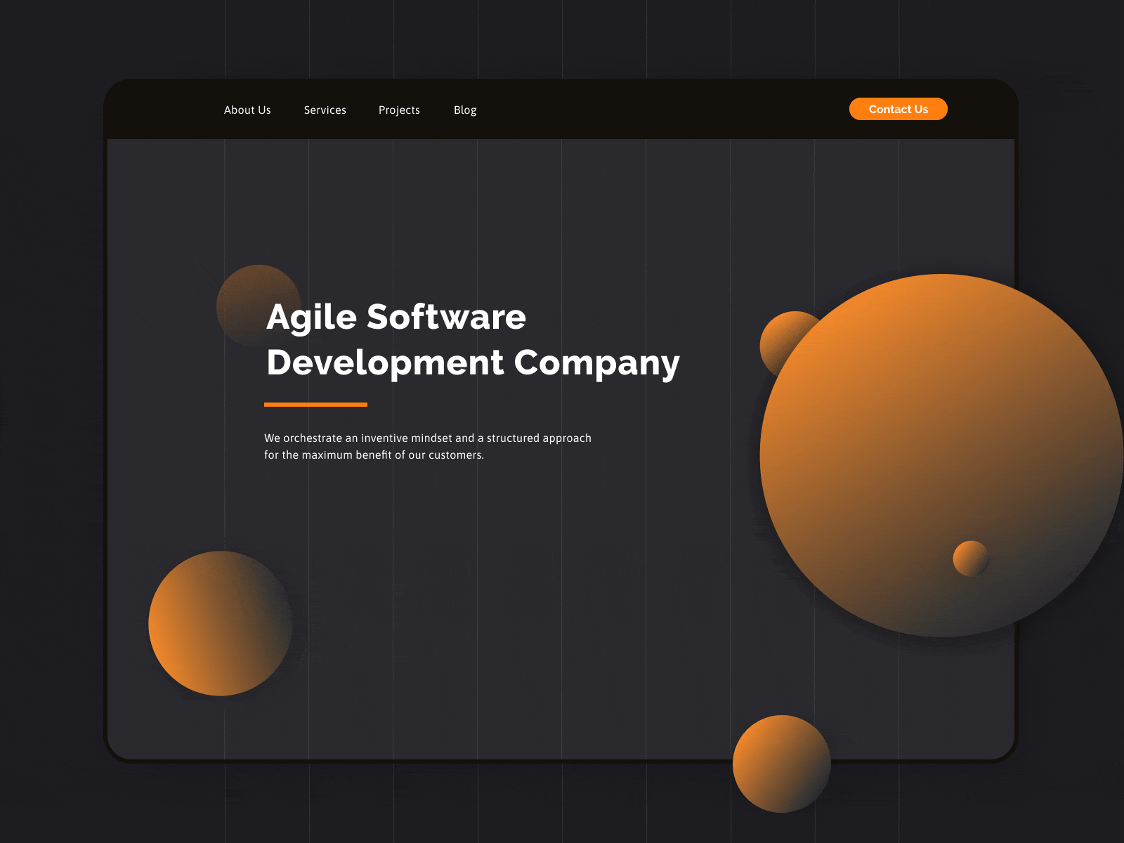 Concept • Website of Software Development Company animated animation beautiful business concept dailyui dark dark ui design design idea idea main page minimalism orange redesign concept software development ui website