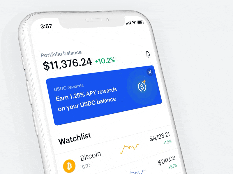 New homescreen on Coinbase consumer animation bitcoin crypto dashboard ethereum graphik home ios mobile