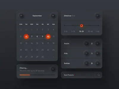 Neumorphism UI Elements app calendar colors dark elements gradient minimal neumorphic neumorphism notification orange picker rent round search shadow skeumorphism ui ux widgets