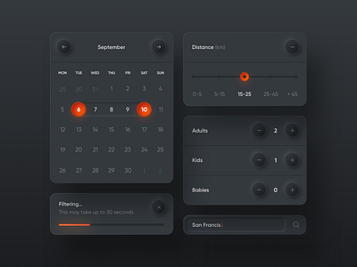 Neumorphism UI Elements app calendar colors dark elements gradient minimal neumorphic neumorphism notification orange picker rent round search shadow skeumorphism ui ux widgets