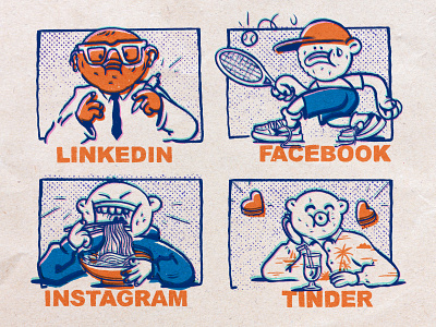 LinkedIn, Facebook, Instagram, Tinder character design flat illustration meme zajno