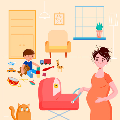 Worrying mom family home illustration kids mother pregnant woman