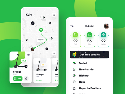 Kiwi | Ios App Design for Rent a Scooter adobe photoshop app bike clean design green icons illustration logo map rent rental rental app ui ux