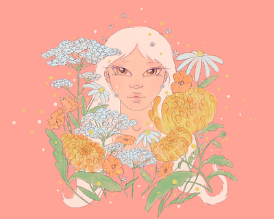 garden variety fairy close up bloom character chrysanthemum close up cow parsely daisy detail face flowers illustration lips orange pink pollen poppy procreate yellow