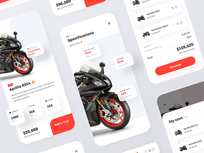 Motorbike VR shop - IOS mobile app cart ui checkout app checkout ui ecommerce ecommerce app flat ui ios app minimal ui mobile app mobile cart motorbike ui product cart product details product specs product ui vr app vr shop