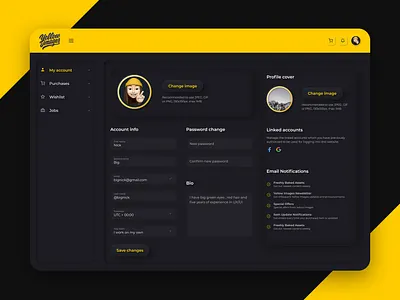 Yellow Images profile page skeuomorphic redesign account black clean dark dark ui inputs neumorphic profile skeumorph skeumorphism skeuomorphic trend 2020 yellow