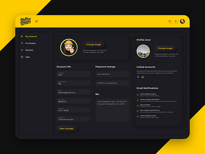 Yellow Images profile page skeuomorphic redesign account black clean dark dark ui inputs neumorphic profile skeumorph skeumorphism skeuomorphic trend 2020 yellow