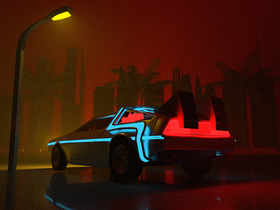 McFly - Render #56 100days 3d aesthetic arnoldrender back to the future c4d c4d42 car cinema 4d delorean design everyday gold maxon michael rappaz neon night render retro vaporwave