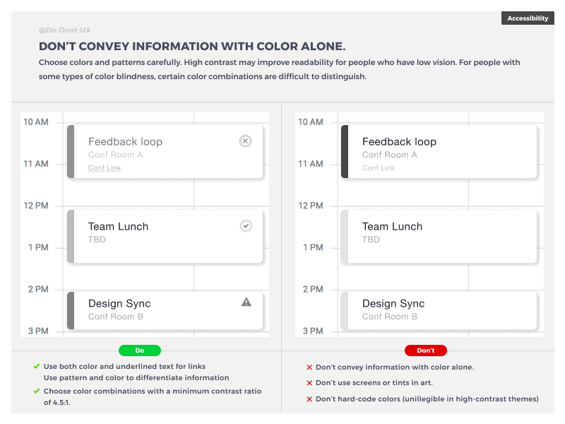 Do Don't UX - Color Alone agenda alert best practice calendar calender card checklist conference e shop event link meeting notification seller to do ux do dont ux process