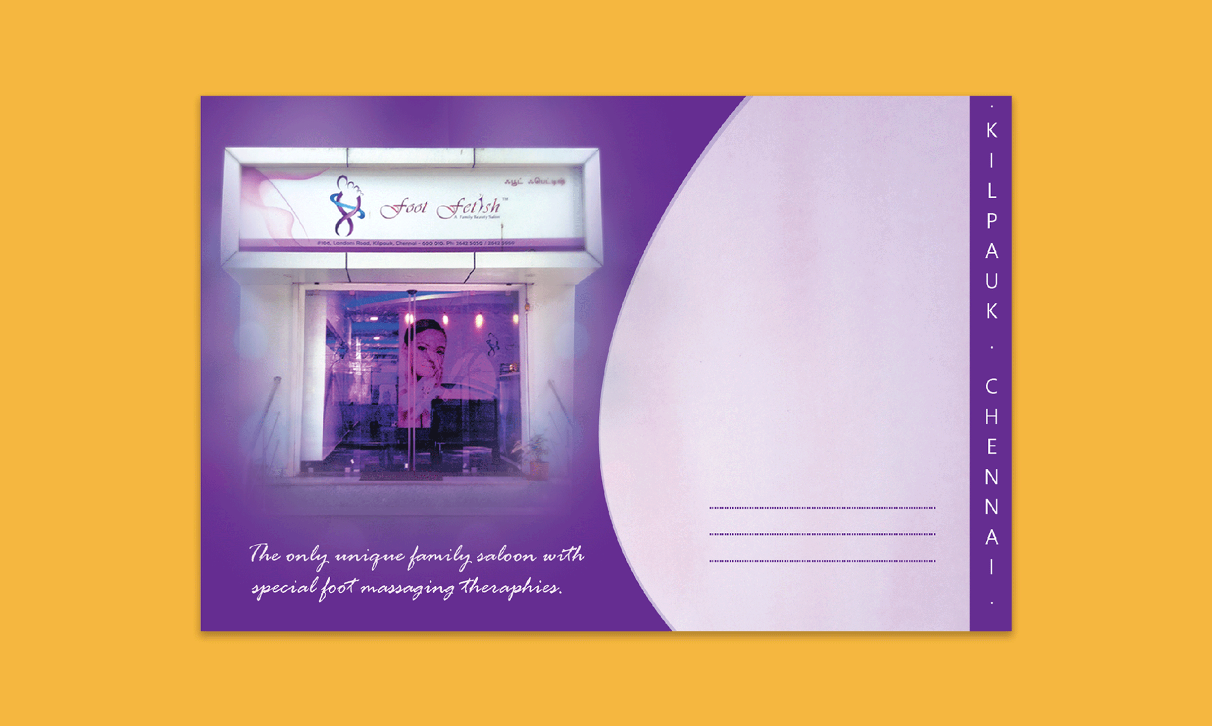 Creative Postcard adobe cmyk creative design foot spa illustrator laandscape pantone postcard design print purple spa unique style