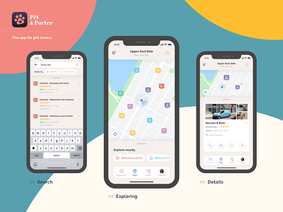 Pêt à Porter - Map section 2020 animals app app design designflows explore grooming icon design icons list logo maps nearby pet shop pets place details search sketch ui design veterinary