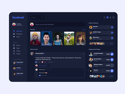 Facebook Homepage Redesign Concept app blue daily ui dark app dark mode dark theme dark ui desktop facebook homepage night mode redesign social media ui ui ux ui design uiux web design website websites