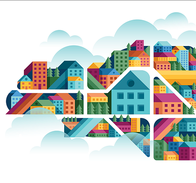 Town on a Hill clouds color colorful house houses illustration illustration art suburb town vector village