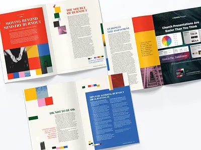 Ministry Team Magazine Article "Moving Beyond Ministry Burnout" article article design article page articles color color block color blocking editorial magazine magazine design ministry team modular red shapes square