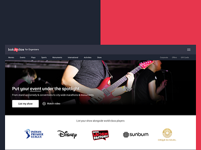 BookMyShow for Organizers - Landing page events landing page organizer ticketing website
