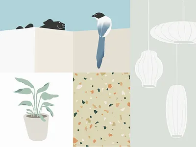 Interior design illustration bird dog graphic design illustration interior pastel plant terrazzo