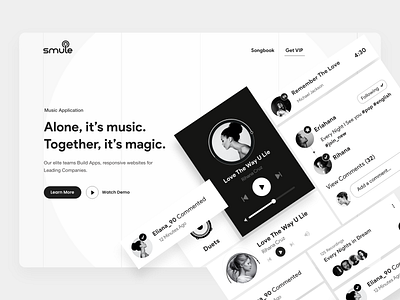 Landing UI 2x app ui black card ui clean clean ui comment design designs landing page music product design profile shadow singing app typography ui ui ux ux website white