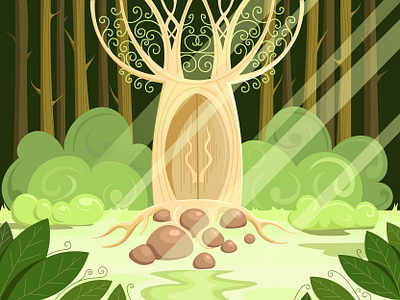 Magic Forest door forest green illustration landscape landscape illustration light wood