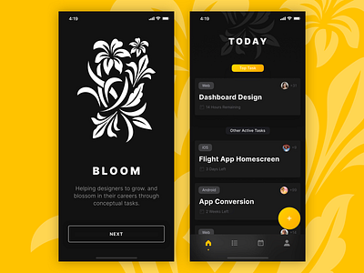 Bloom - Design Task App app dark design flowers gradient ios iphone pattern task ui yellow