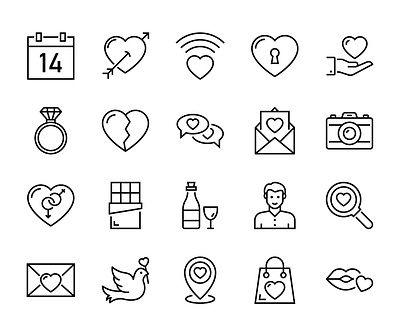 Valentine day icons black and white branding design graphic design iconset illustration isons line icons logo typography ui ux vector