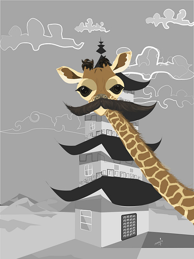 Growie character design giraffe grayscale illustration pagoda vector illustration