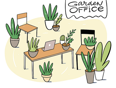 Garden Office cartoon chair computer coworking cute design garden green illustration laptop office plant pot sketch table vector workplace workspace