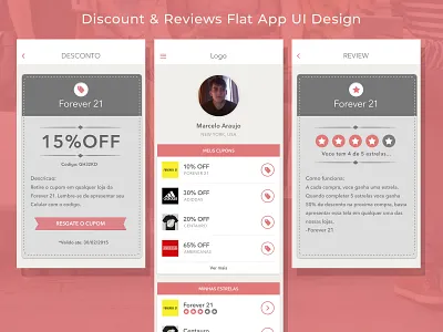 Discount and Reviews Flat App UI Design app design designer discount graphic design icon illustrator ios app design minimal mobile mobile app mobile app design photoshop review typography ui ui design ux ux design vector