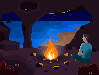 View of the beach from a rock with fire adobeillustrator beach campfire character cliff eye eyes fire hole illustration light night rock sand sea sky spark sparks stone summer