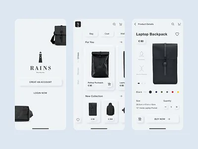 RAINS Store App app application black cards clean ios line icons mobile app design mobile ui neomorphism shop skeuomorphism store ui user experience user experience design user inteface user interface design ux white