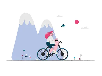 Cycling in nature cycling girl illustration illustrator mountains nature