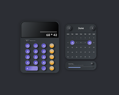 Neumorphic Calculator and Date Picker art calculator dark mode dark theme dark ui neumorphic product design software design ui uidesign visual design