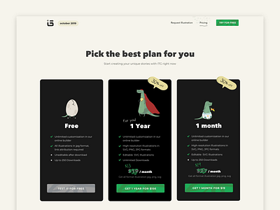 ITG - pricing animation dino dinosaur discount egg hover illustration illustrations lottie motion plans price pricing pricing page pricing plans sas subscription website