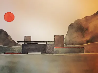 Brutalist Sunset illustraion watercolor