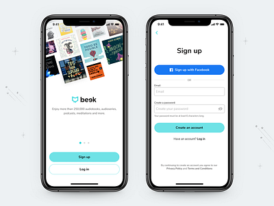 Beek Sign-Up Screen app app design audio audiobooks beek iphone log in log in screen sign up sign up form sign up page sign up screen ui ux welcome welcome screen