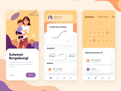 Child Health Monitoring App appointment calendar cards chart child clean color development event graph growth icons illustration illustrations ios kid onboarding rounded stats ui
