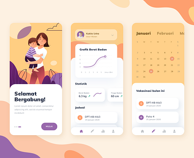 Child Health Monitoring App appointment calendar cards chart child clean color development event graph growth icons illustration illustrations ios kid onboarding rounded stats ui