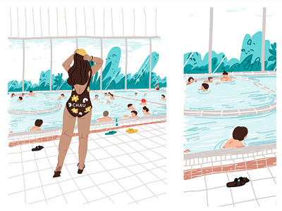 Swimming pool adobe illustrator character design flat girl illustration line art swimming vector